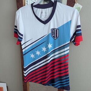 SF10 Athletic Stripe V-Neck Jersey in White, Light Blue, Navy & Red